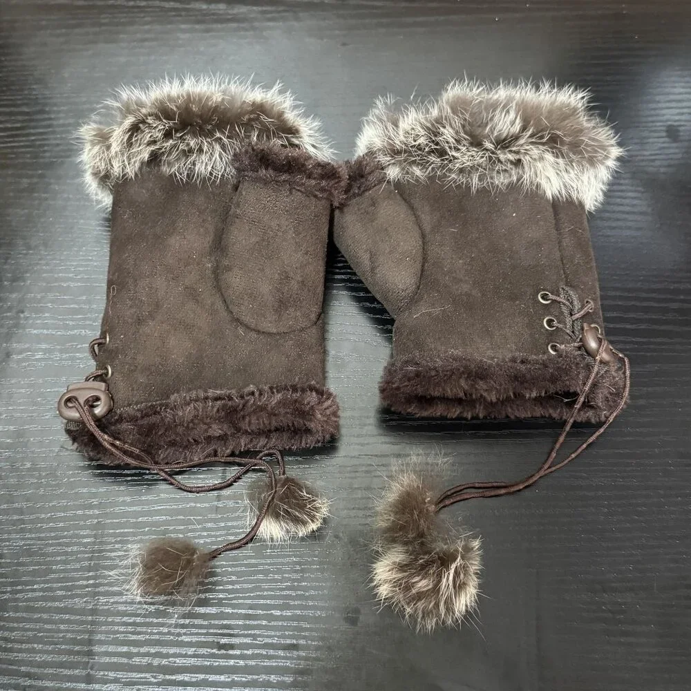 Vintage Brown Suede Fingerless Gloves Faux Fur Pom Pom Tie Womens Winter Mittens